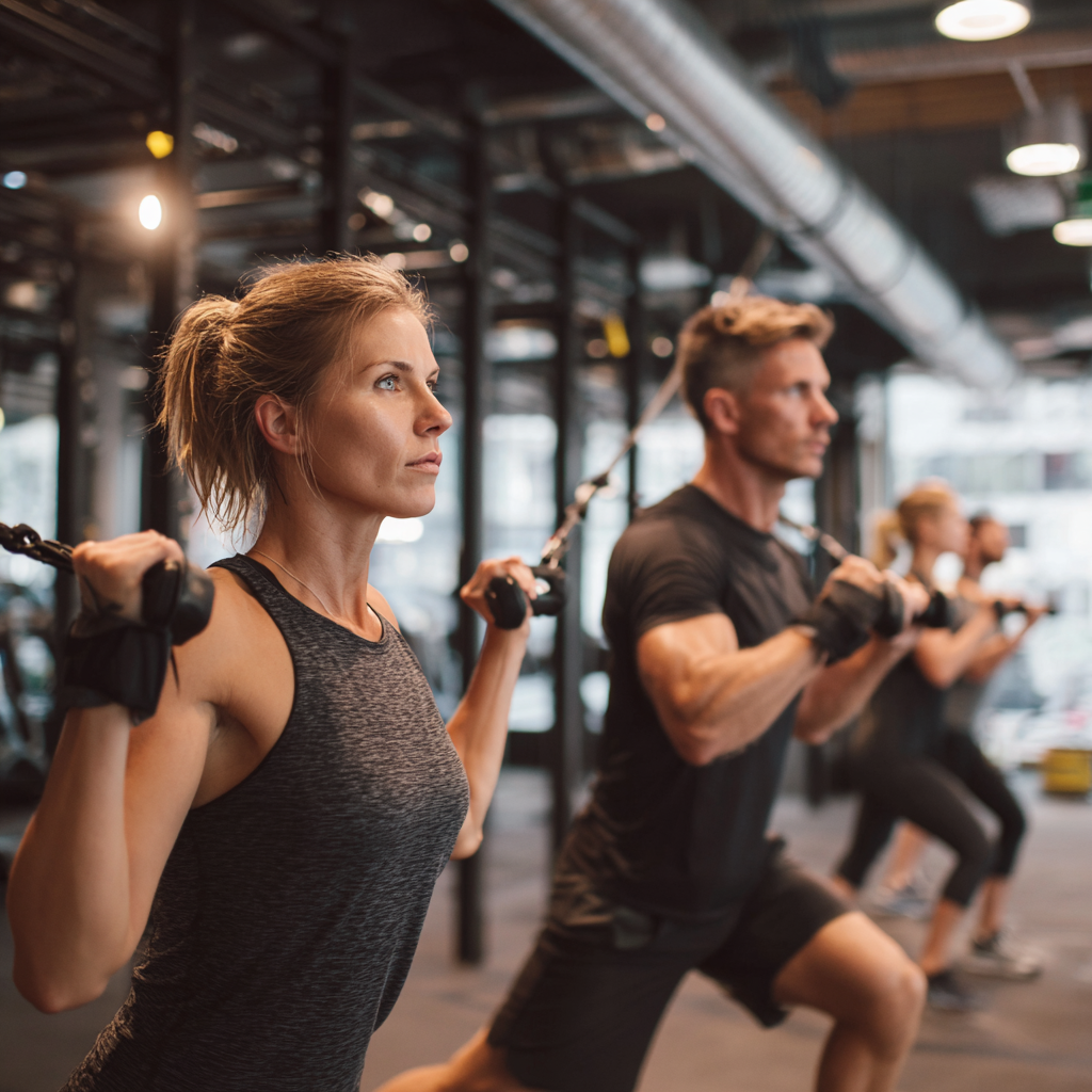Energetic group of Polish adults of various ages exercising together in a modern fitness studio, showing determination and joy during strength training