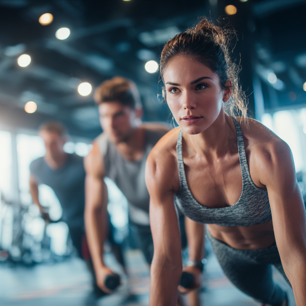 Diverse group of Polish adults demonstrating the KarvLine strength training method with focus on proper form and muscle engagement